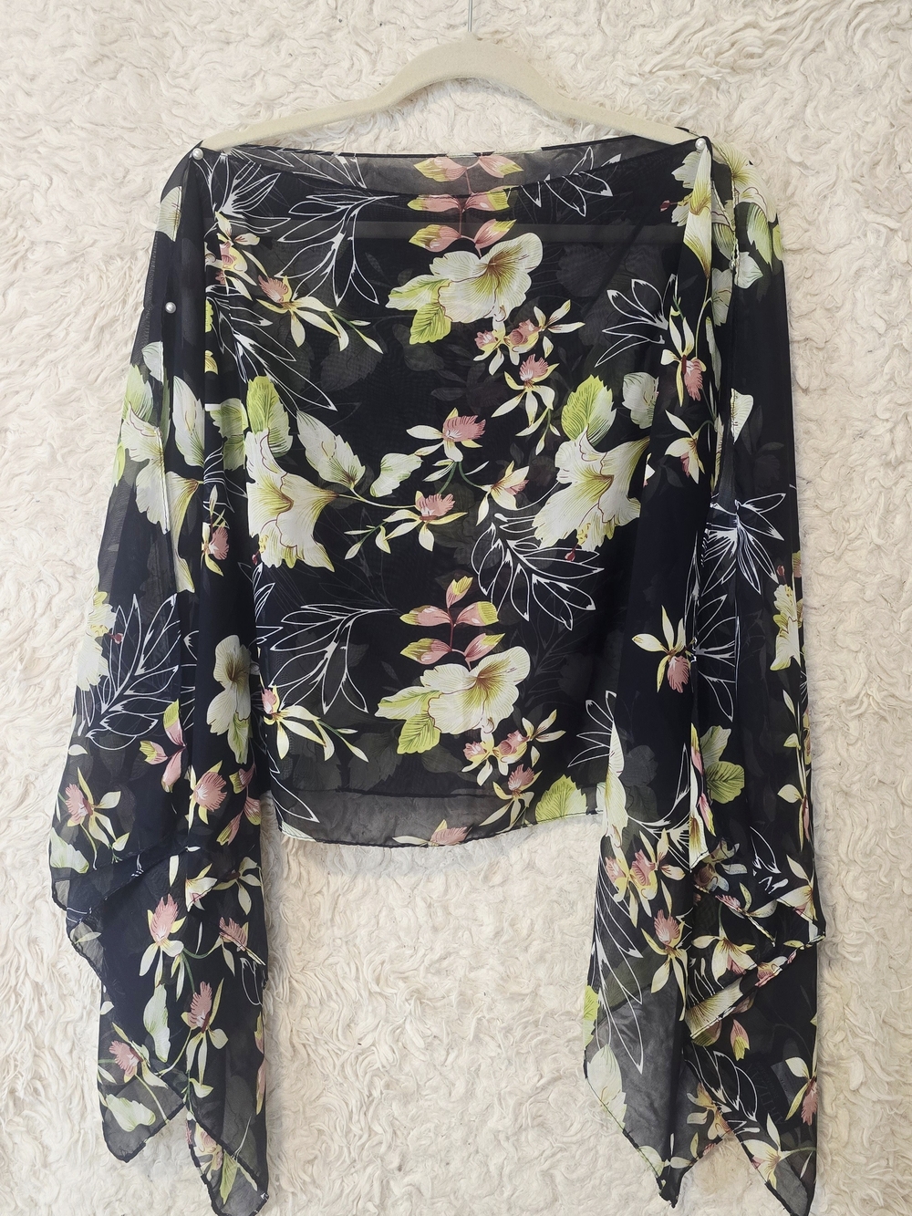 Sheer Black Floral Wrap Blouse with Pink & Green Accents